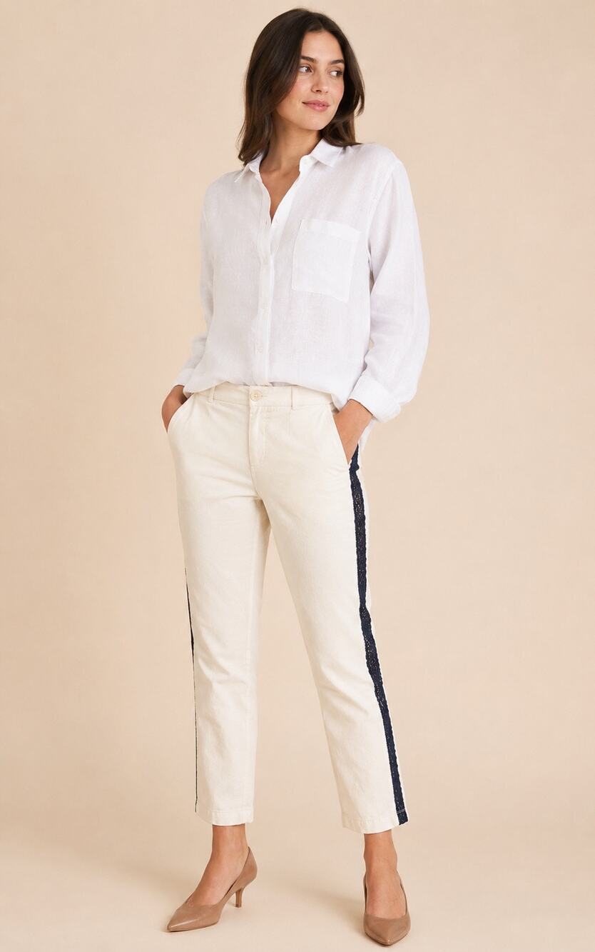 Esby Lace Side Stripe Chino Pants Cream Blue Size 4